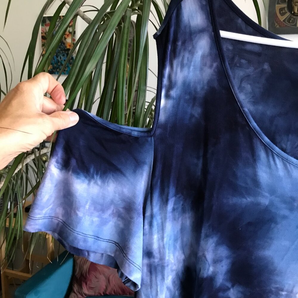 CATHERINES size 3X Navy Blue Tie Dye Stretch Jersey Cold Shoulder Maxi Dress - Picture 3 of 6